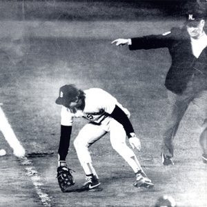 This is a Oct. 25, 1986, black and white photo of Red Sox first baseman Bill Buckner during the 1986 World Series vs. the New York Mets.