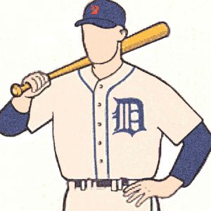 Illustration of a faceless Detroit Tiger holding a baseball bat over his shoulder