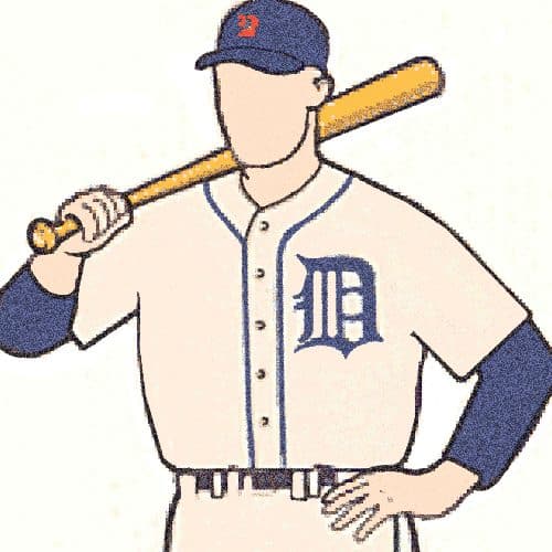 Illustration of a faceless Detroit Tiger holding a baseball bat over his shoulder