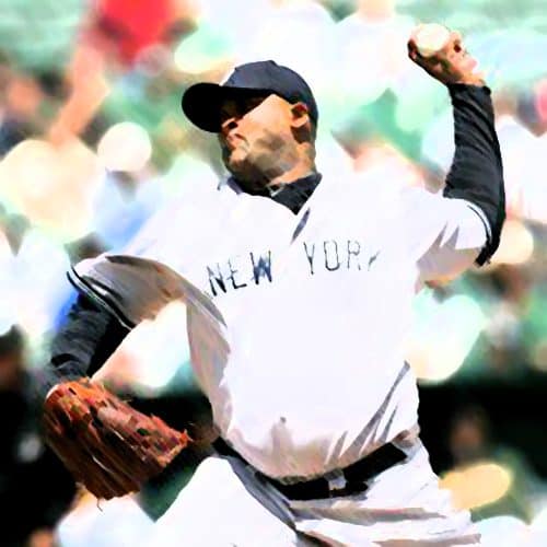 Photograph of CC Sabathia in New York Yankees uniform pitching a ball.