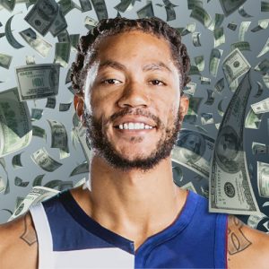 Photo of Derrick Rose with background of dollars flying around him.