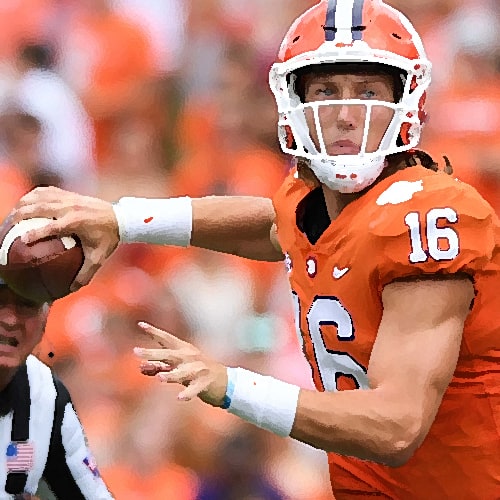 Trevor Lawrence about to throw football from right hand.